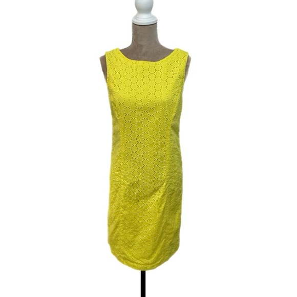 TALBOTS 100% Cotton Lemon Yellow Dress Preppy Lady Sheath Eyelet Knee Hem Sz 10 - Picture 3 of 13